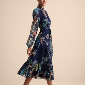 Lulus Fallyn Navy Floral Swiss Dot Long Sleeve Midi Dress Blue - Size XS